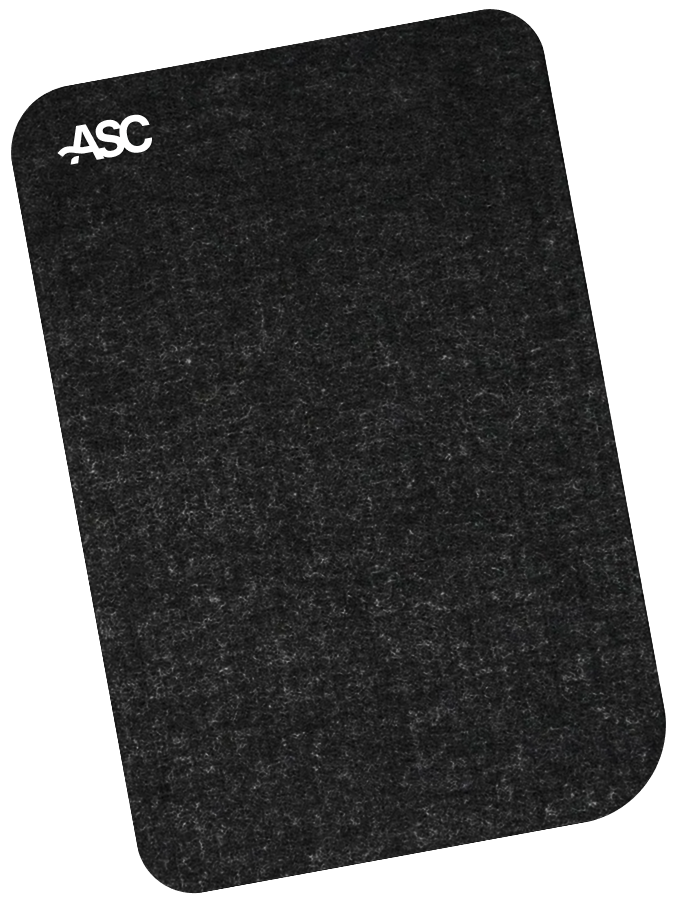 Two stacked TrampleTek Blue smart textile mats with the ASC logo, hand-built in Woodinville, WA